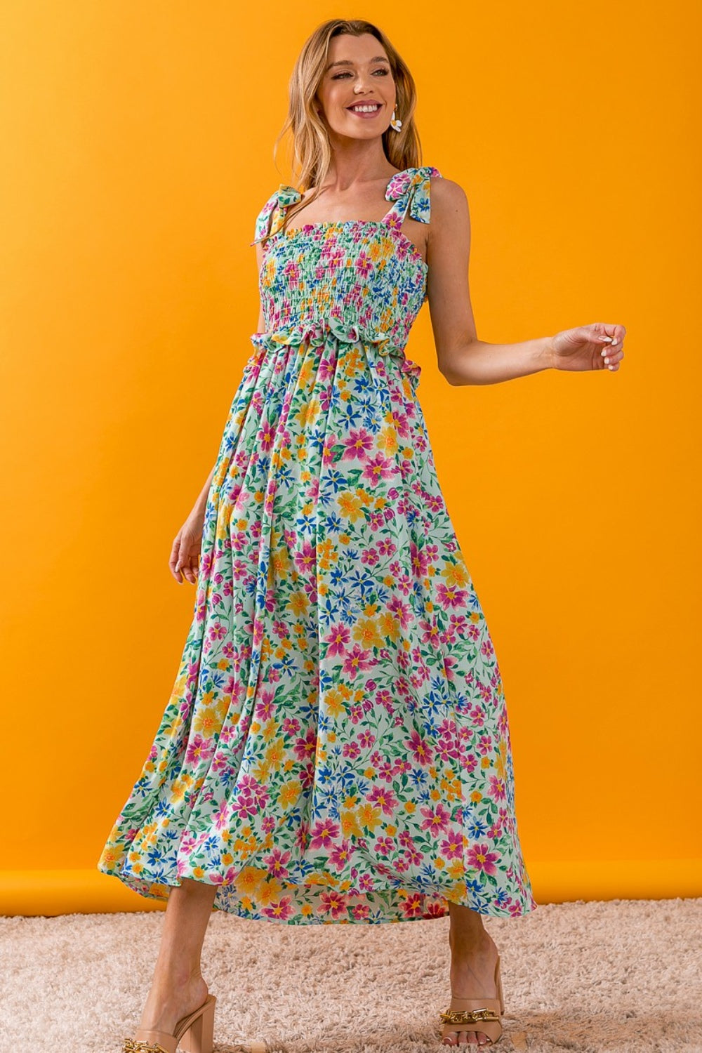 BiBi Floral Ruffle Trim Smocked Cami Dress tt