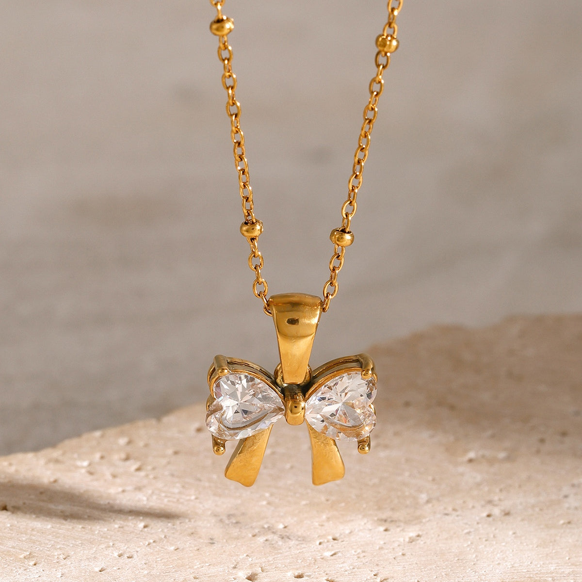 Stainless Steel Inlaid Zircon Bow Necklace Childrens