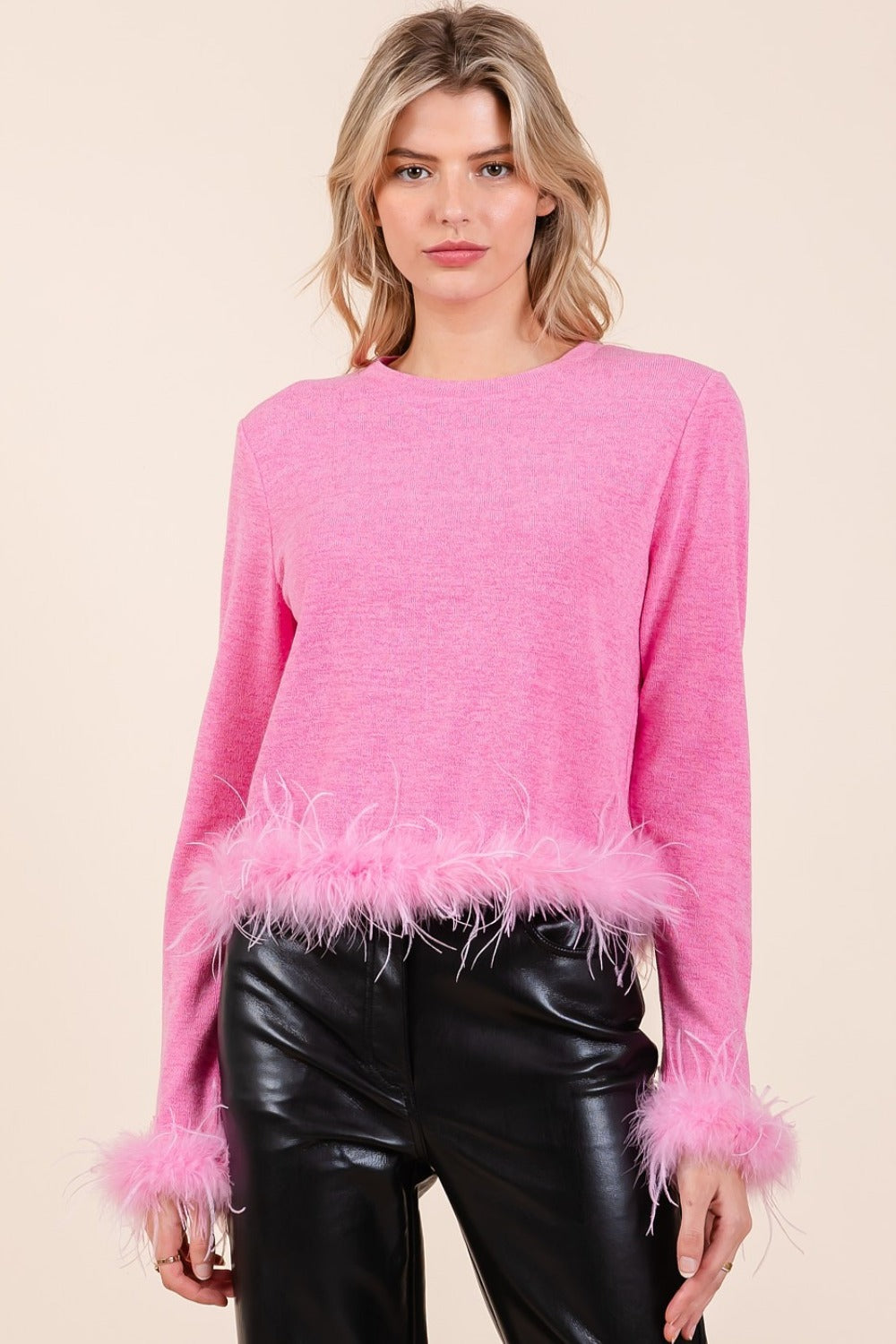 Mittoshop Feather Trim Long Sleeve Crop Hacci Knit Top tt