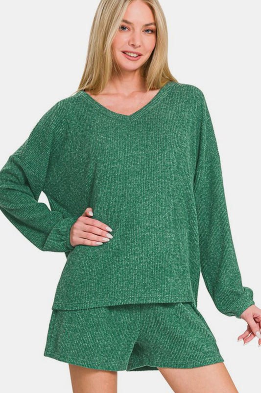 Zenana V-Neck Long Sleeve Ribbed Top and Shorts Set tt