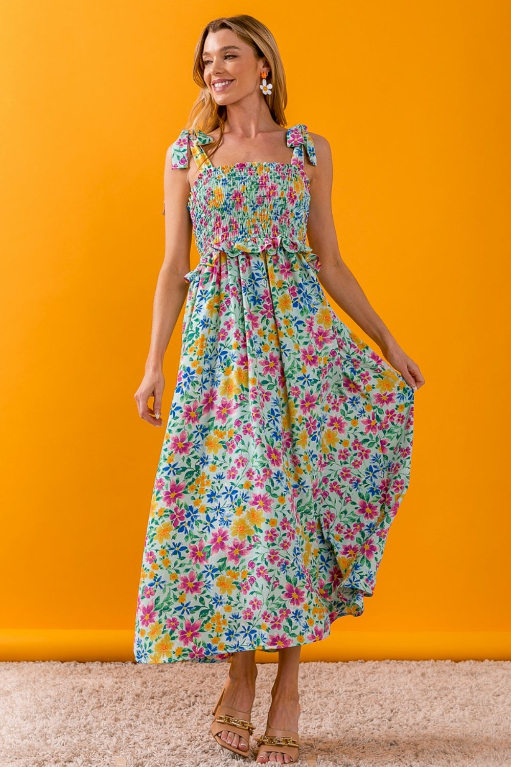 BiBi Floral Ruffle Trim Smocked Cami Dress tt