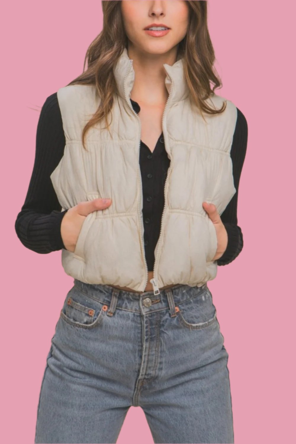 Love Tree Zip Up Turtleneck Cropped Vest Coat tt