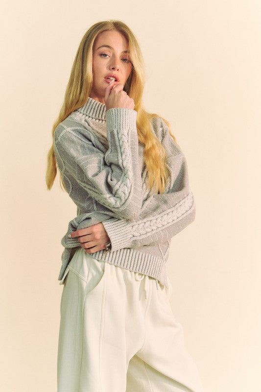 Davi & Dani Cable-Knit Turtleneck Dropped Shoulder Sweater tt