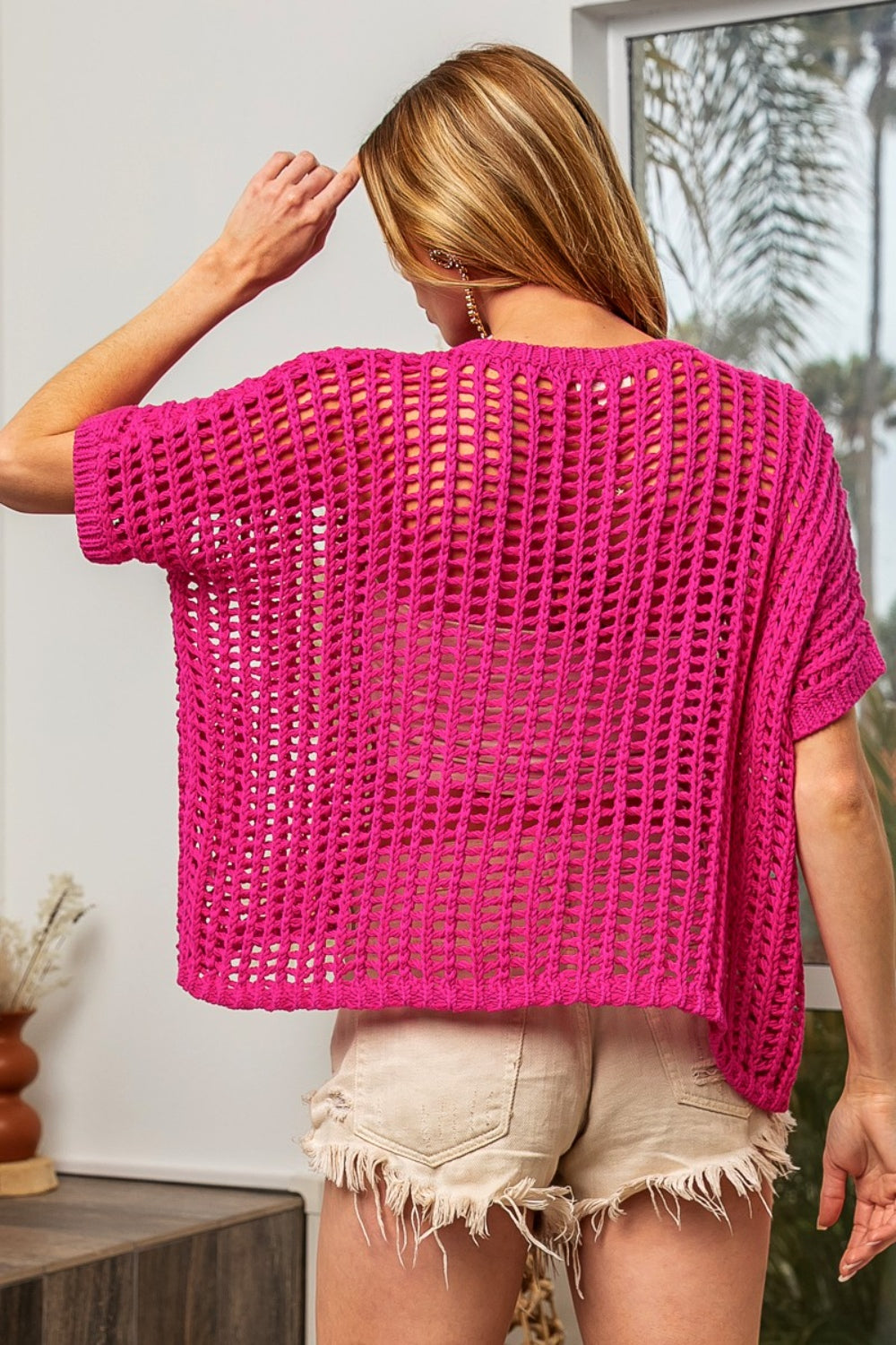 BiBi Round Neck Short Sleeve Openwork Knit Cover Up tt