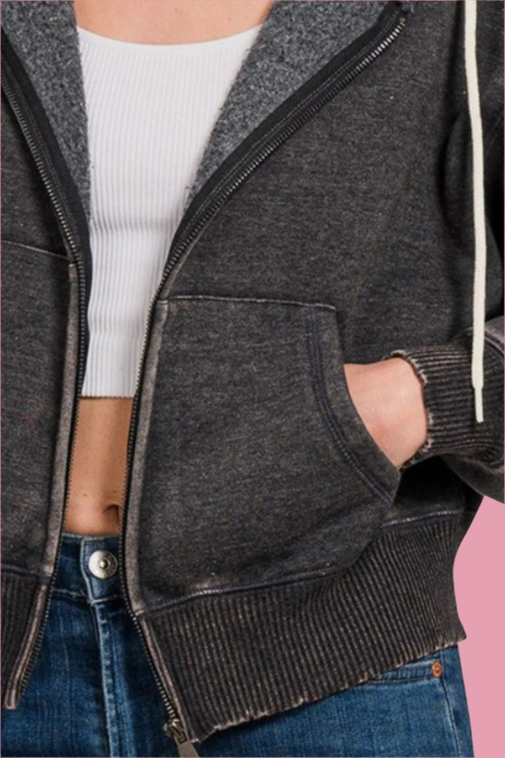 Zenana Acid Wash Fleece Zip-Up Cropped Hoodie tt
