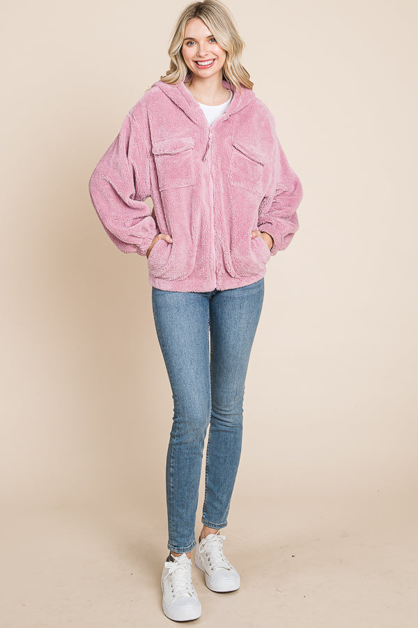 Culture Code Faux Fur Zip Up Hooded Jacket with Side Pockets tt