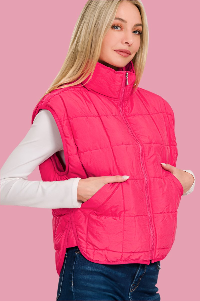Zenana Zip Up Cropped Puffer Vest with Pockets
