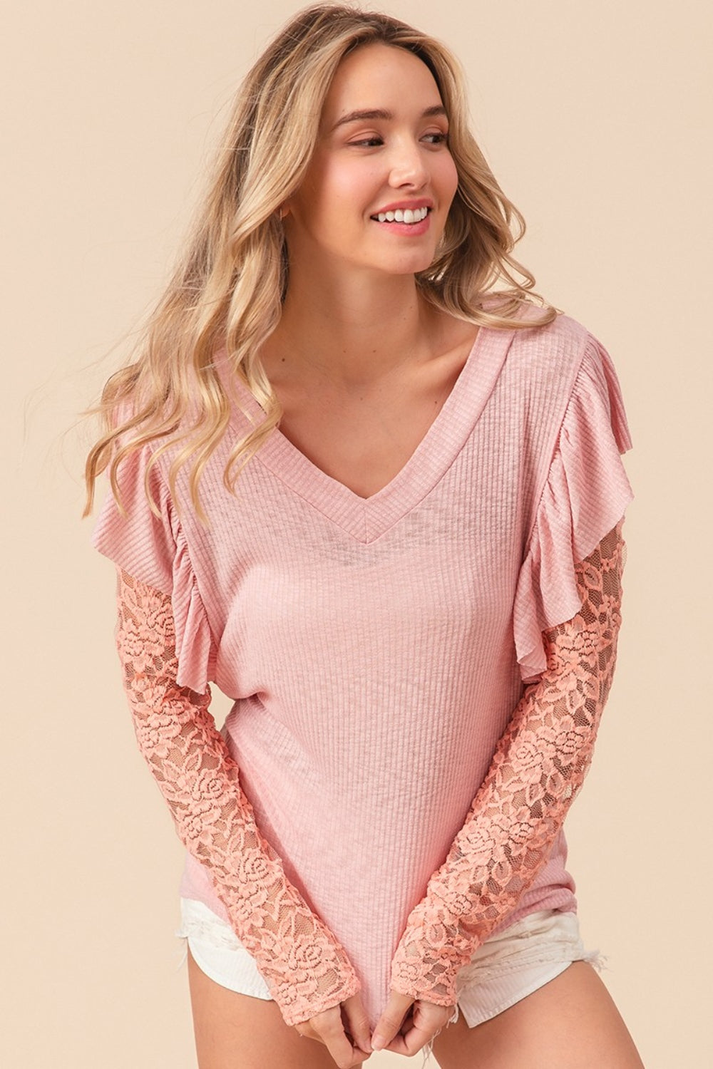 BiBi Ruffled Lace Sleeve Rib Knit Top tt