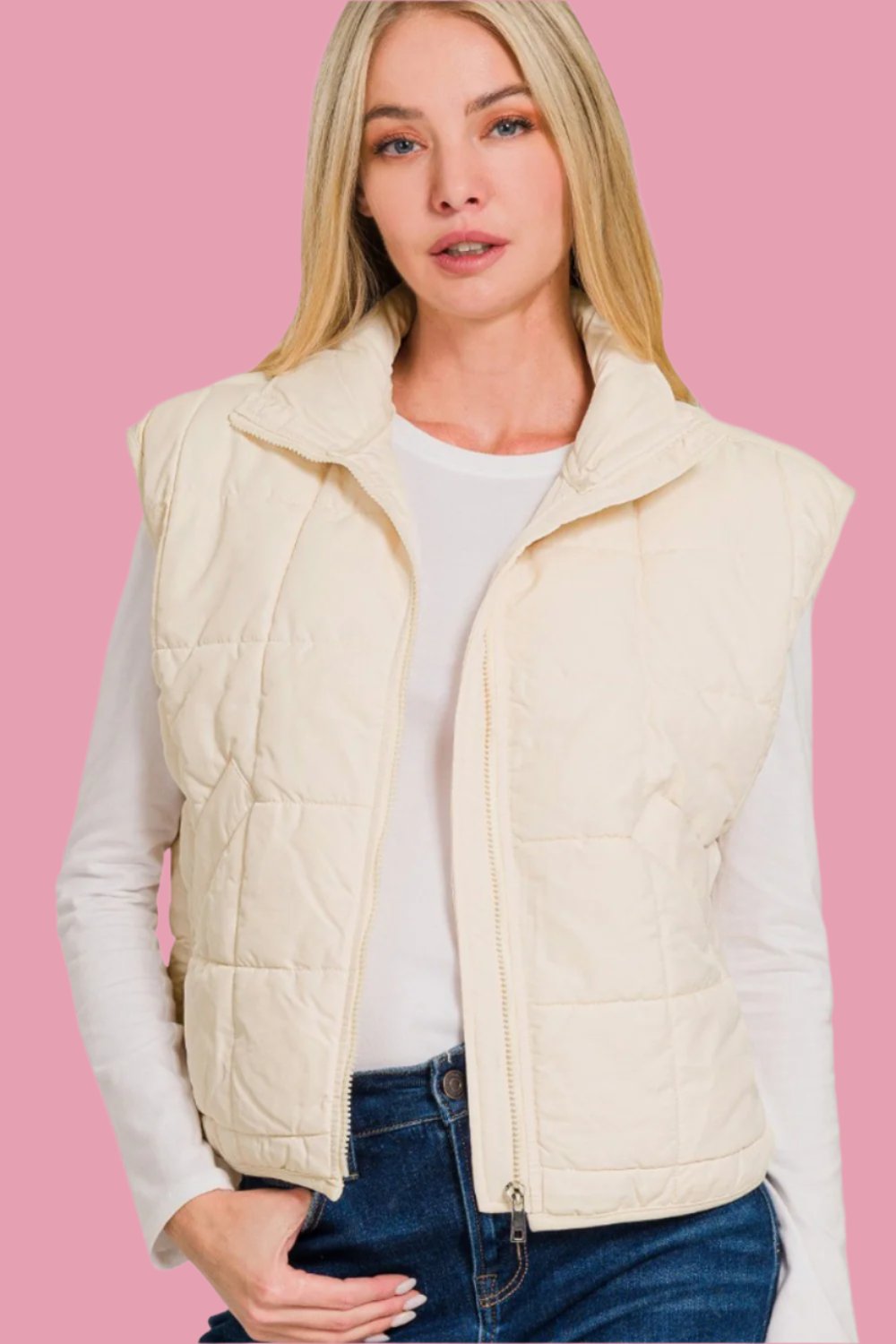 Zenana Zip Up Cropped Puffer Vest with Pockets tt