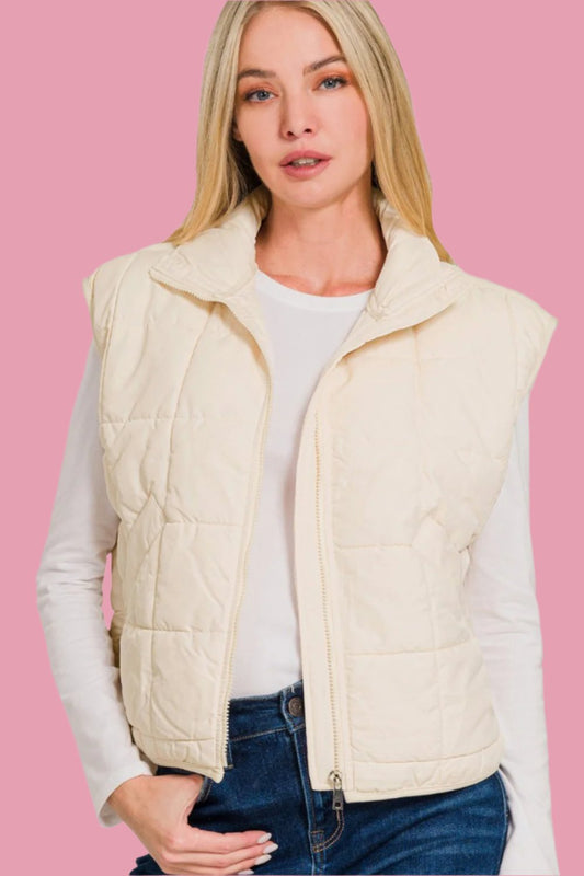 Zenana Zip Up Cropped Puffer Vest with Pockets tt