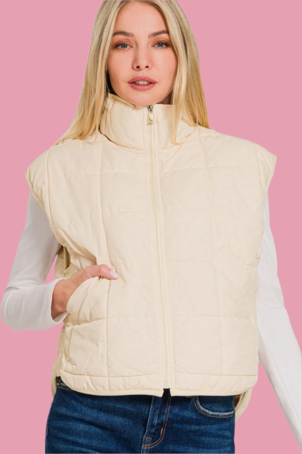 Zenana Zip Up Cropped Puffer Vest with Pockets tt
