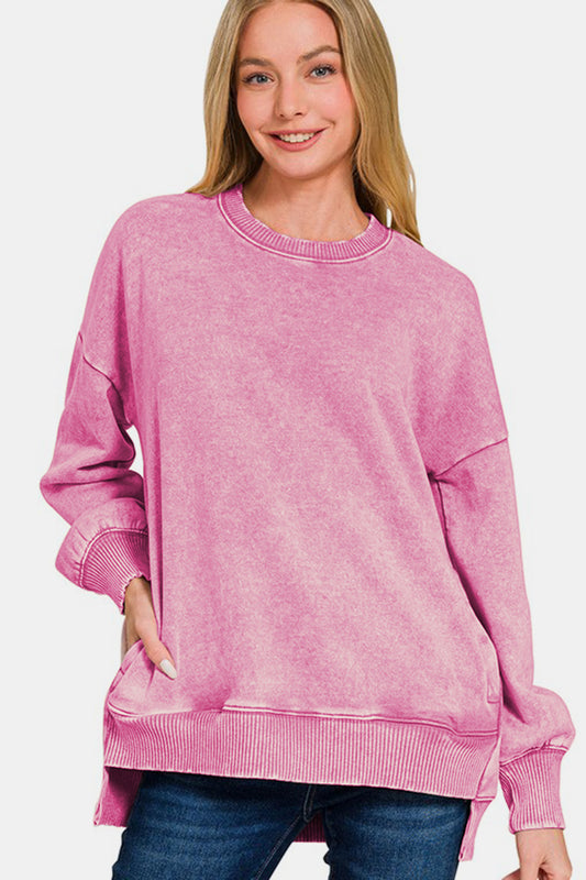Zenana High-Low Acid Wash Fleece Sweatshirt tt