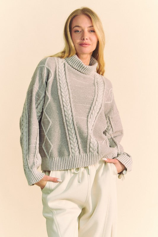 Davi & Dani Cable-Knit Turtleneck Dropped Shoulder Sweater tt