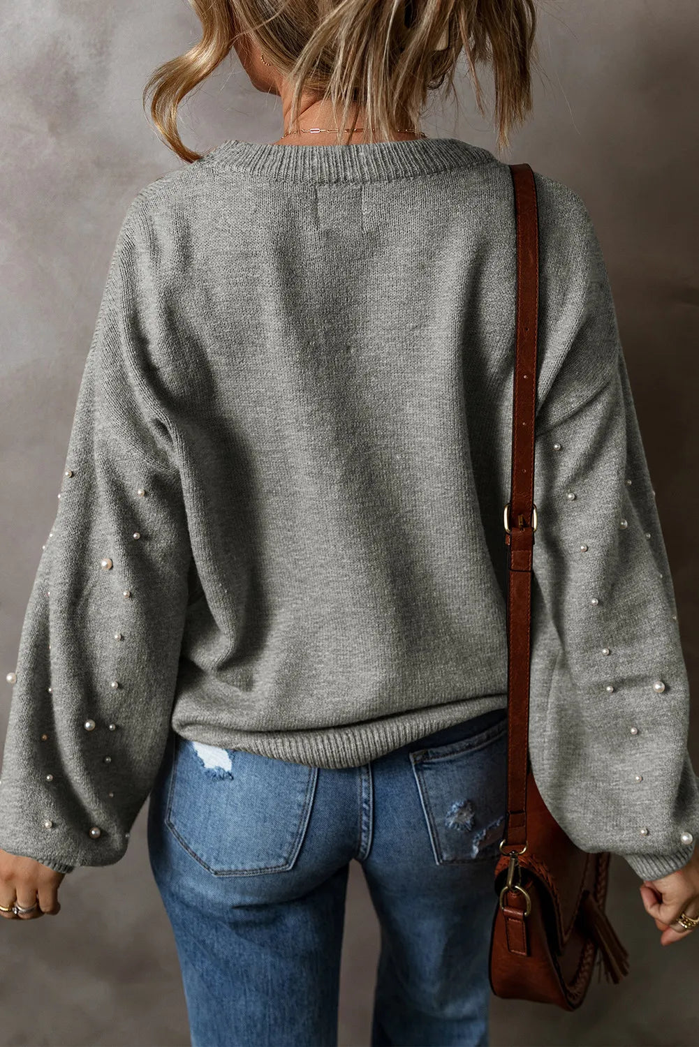 Pearl Detail Round Neck Long Sleeve Sweater Gray nt
