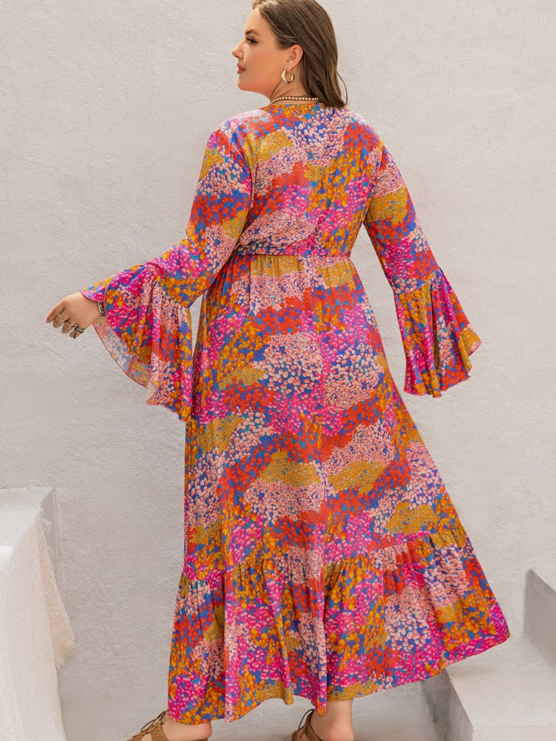 Plus Size Printed V-Neck Long Sleeve Maxi Dress nt