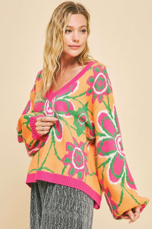 Davi & Dani Floral Contrast V-Neck Dropped Shoulder Sweater tt
