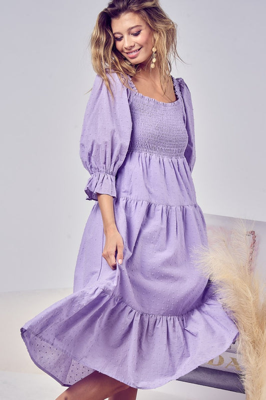BiBi Swiss Dot Flounce Sleeve Smocked Tiered Midi Dress tt