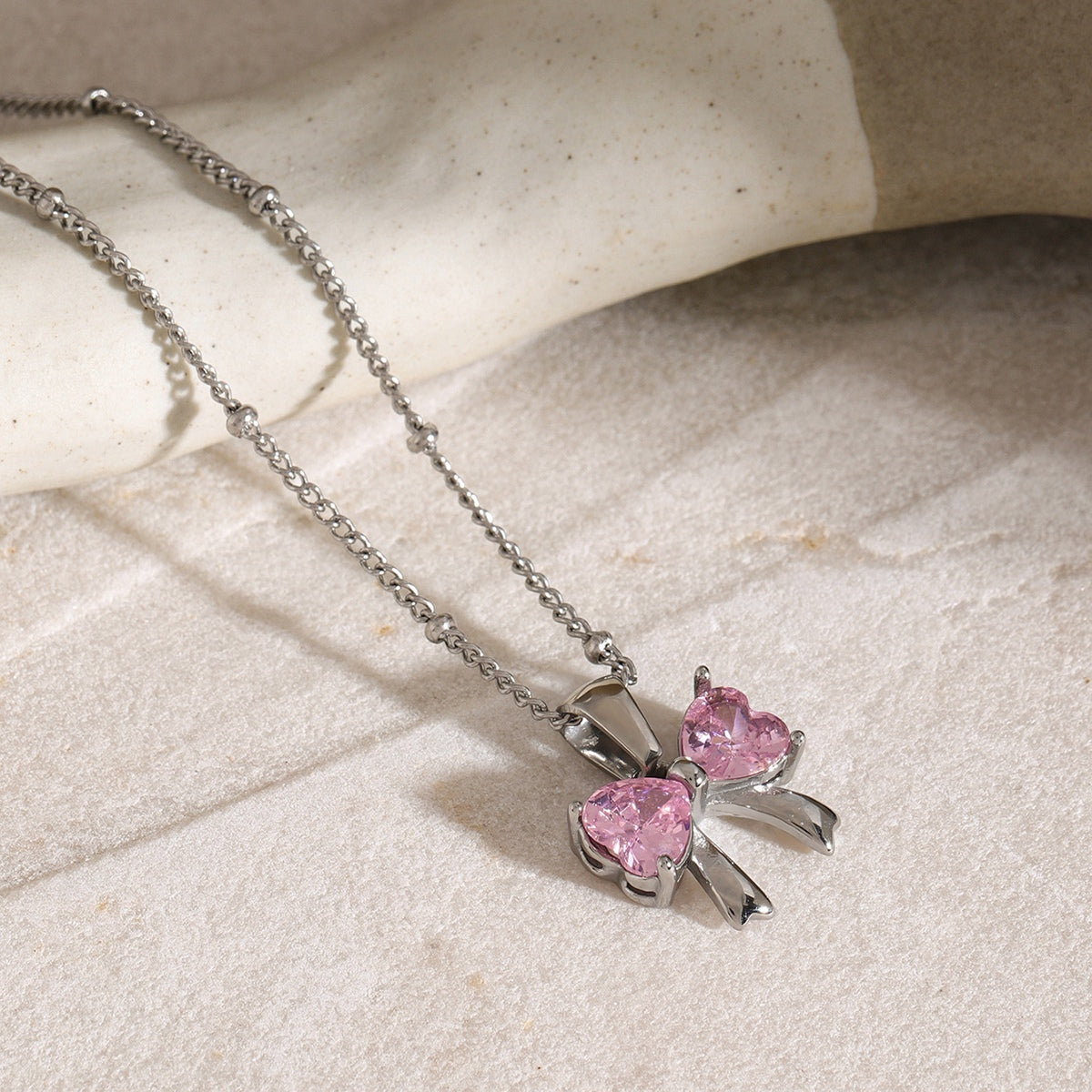 Stainless Steel Inlaid Zircon Bow Necklace Childrens