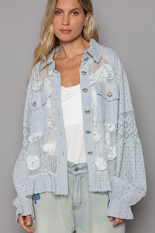 POL Eyelet Flower Pearl Detail Lace Patchwork Shirt tt
