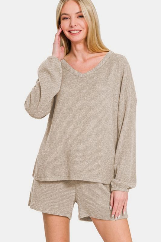 Zenana V-Neck Long Sleeve Ribbed Top and Shorts Set tt