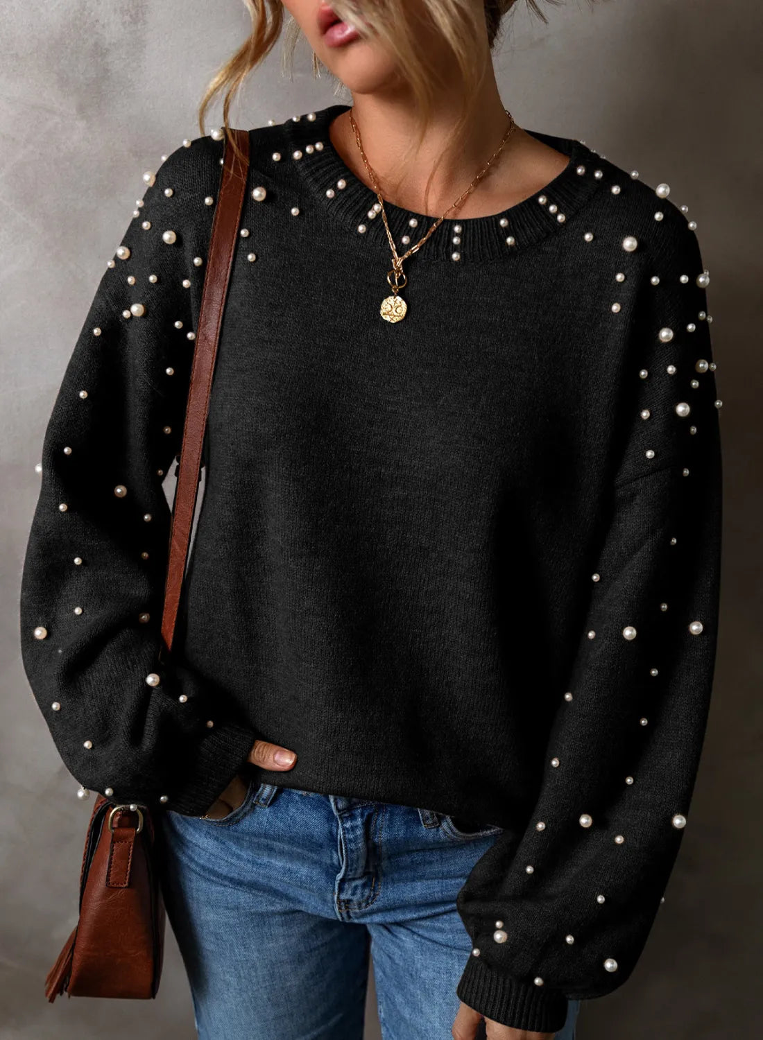 Pearl Detail Round Neck Long Sleeve Sweater - Black nt