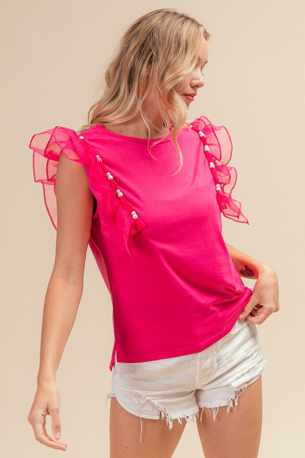 BiBi Pearl Decor Mesh Ruffle Sleeve Top nt