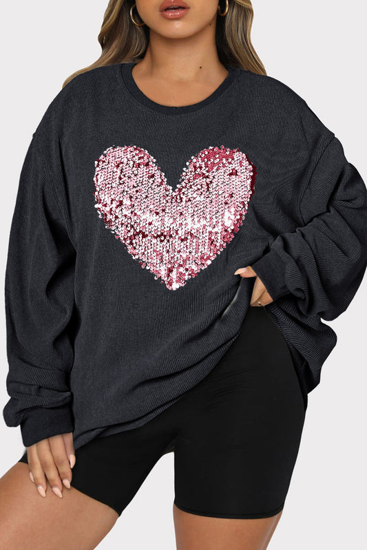 Plus Size Heart Sequin Black Round Neck Sweatshirt
