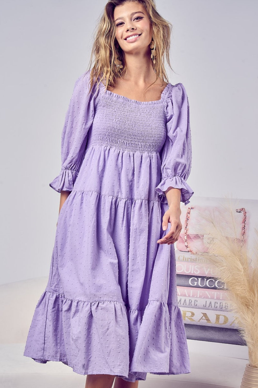 BiBi Swiss Dot Flounce Sleeve Smocked Tiered Midi Dress tt