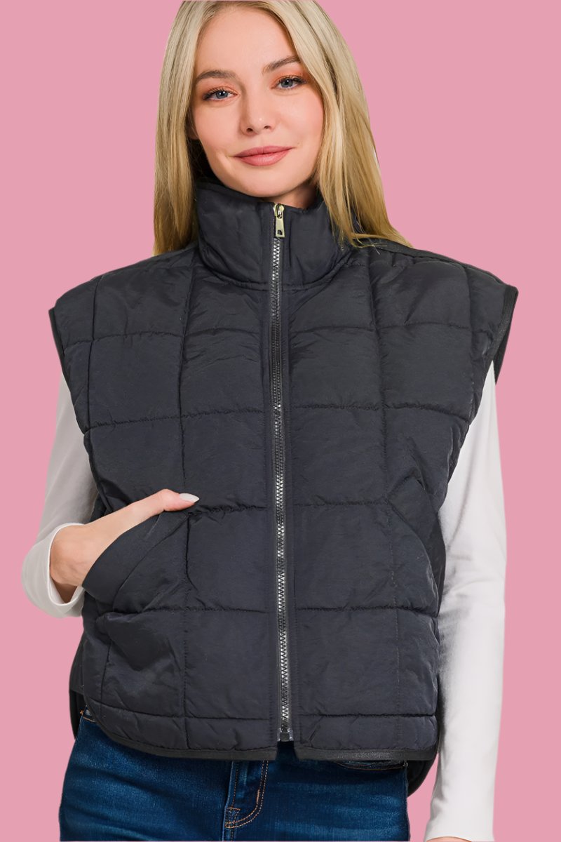 Zenana Zip Up Cropped Puffer Vest with Pockets