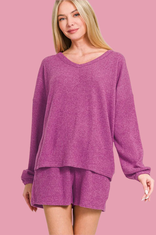 Zenana V-Neck Long Sleeve Ribbed Top and Shorts Set tt