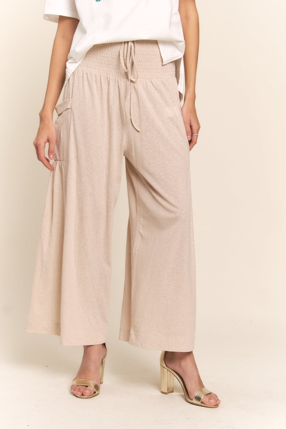 J.NNA Smocked Waist Boho Wide Leg Pants with Pockets tt