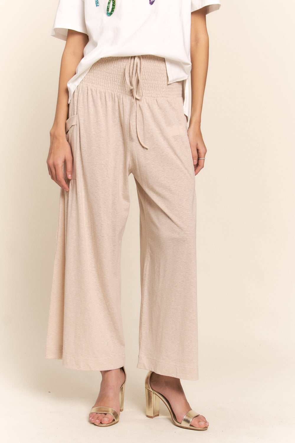 J.NNA Smocked Waist Boho Wide Leg Pants with Pockets tt