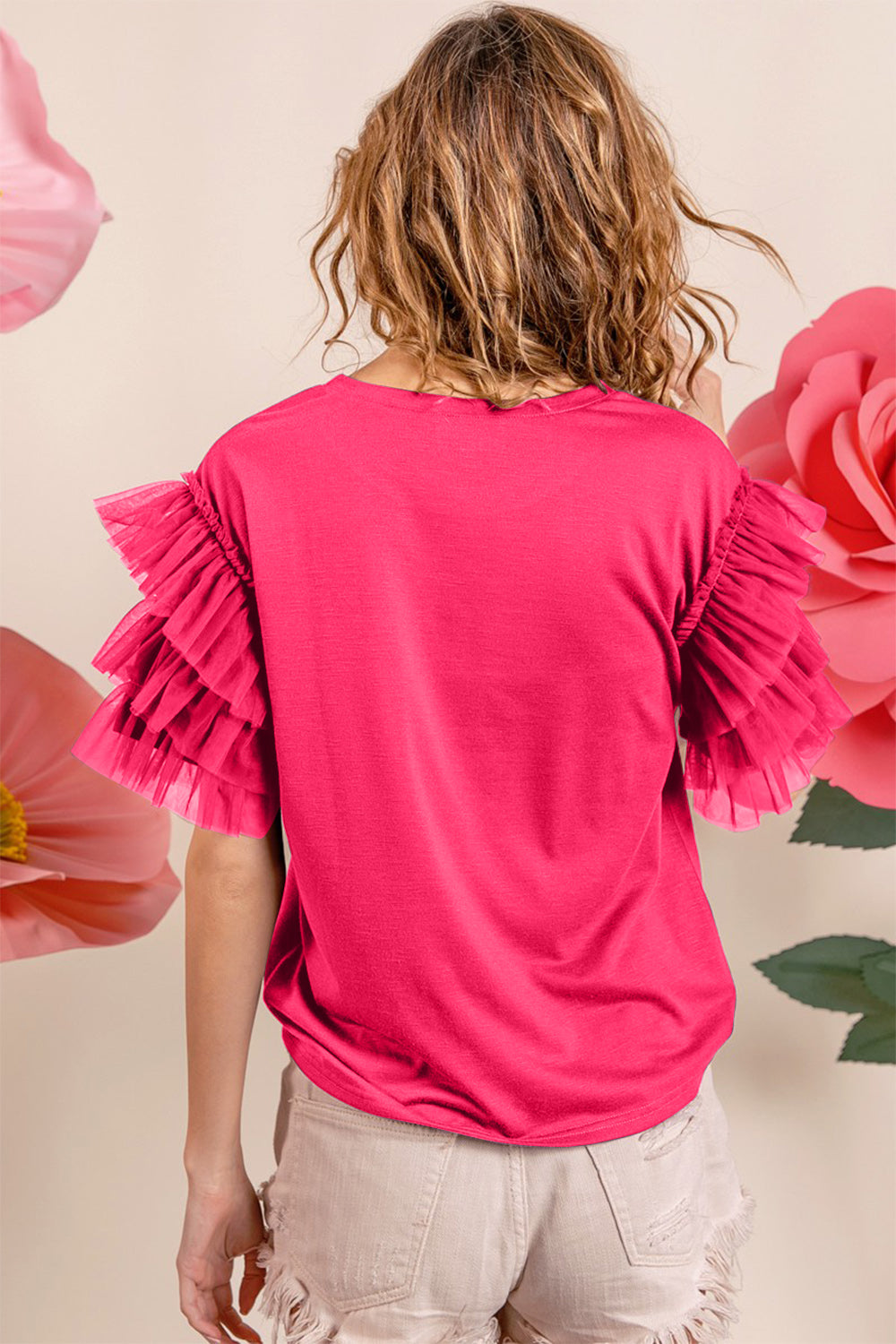 BiBi Ruffle Mesh Lace Layered Short Sleeve Top tt