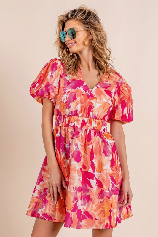 BiBi Floral V-Neck Puff Sleeve Mini Dress nt