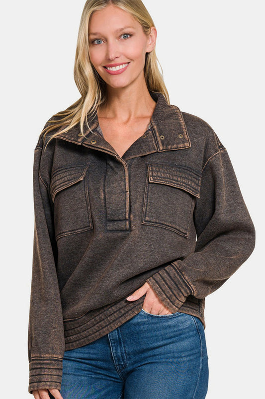 Zenana Acid Washed Half Snap Fleece Sweatshirt tt