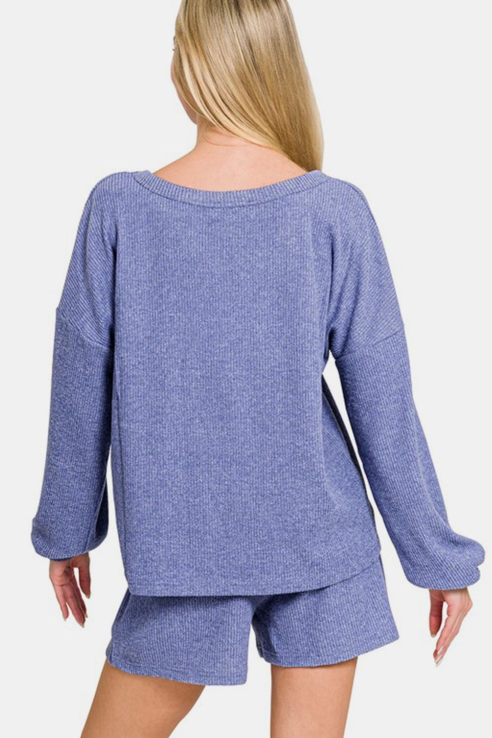 Zenana V-Neck Long Sleeve Ribbed Top and Shorts Set tt