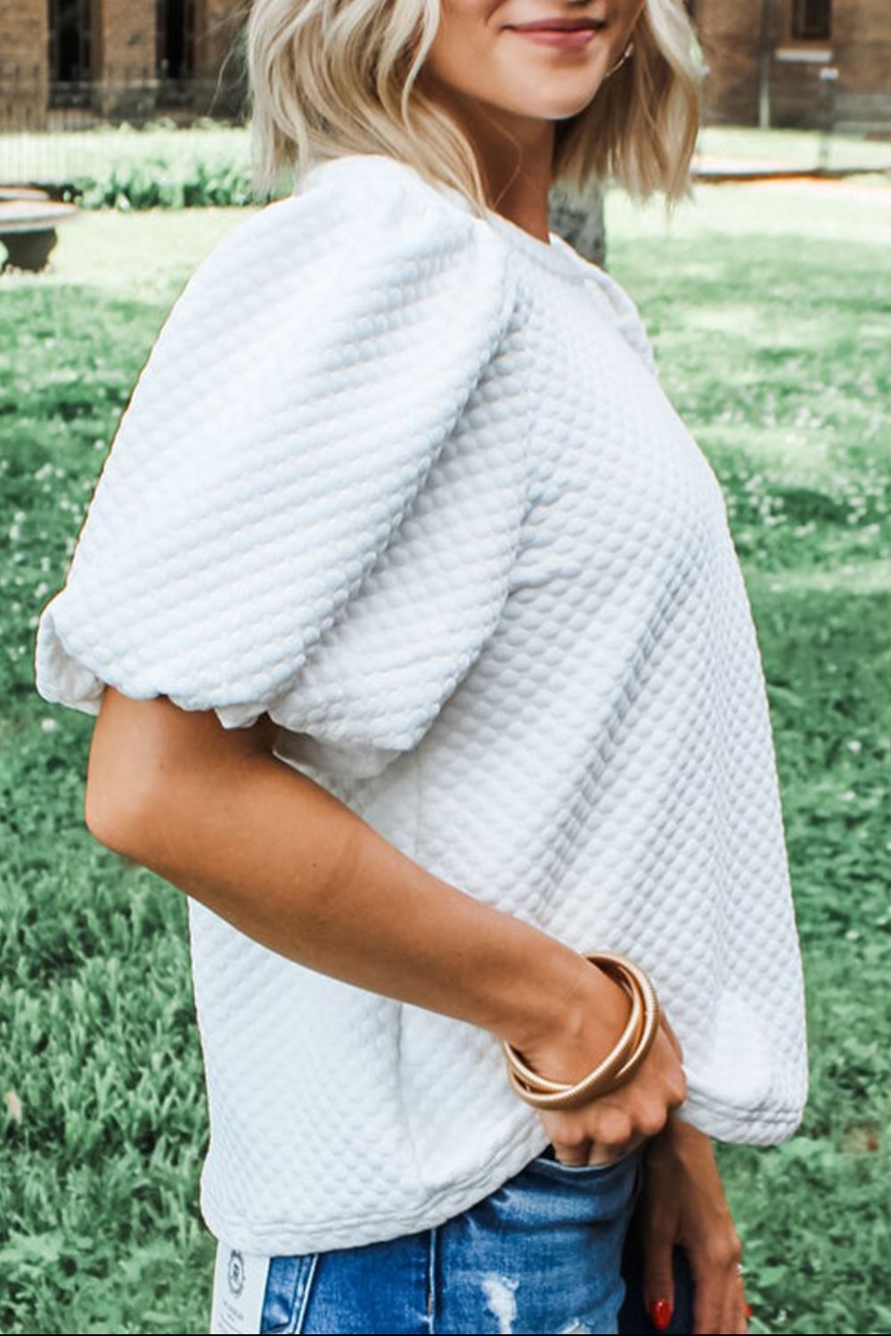 Textured Round Neck Puff Sleeve Blouse nt