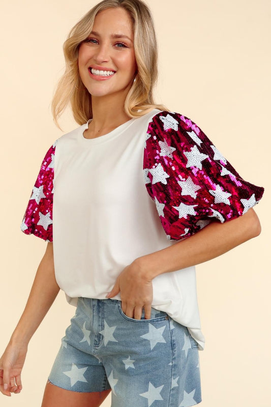 Haptics Star Sequin Bubble Short Sleeve Top tt