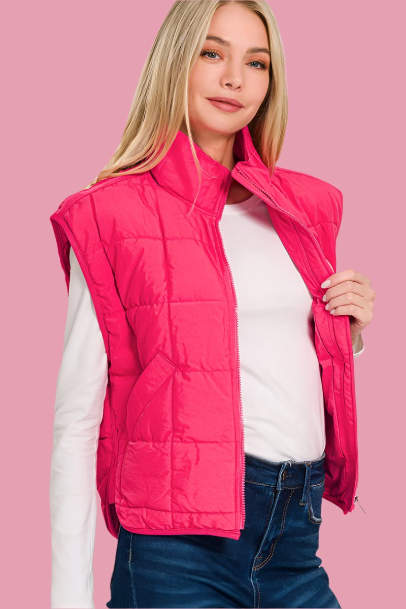 Zenana Zip Up Cropped Puffer Vest with Pockets