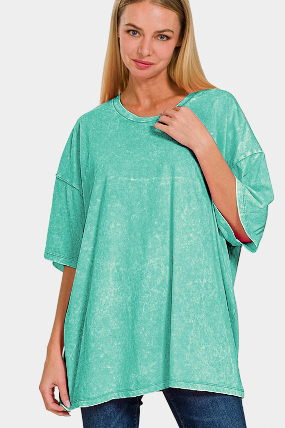 Zenana Full Size Washed Round Neck Drop Shoulder Oversized T-Shirt tt