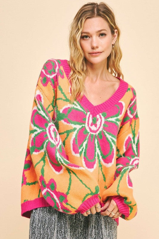 Davi & Dani Floral Contrast V-Neck Dropped Shoulder Sweater tt