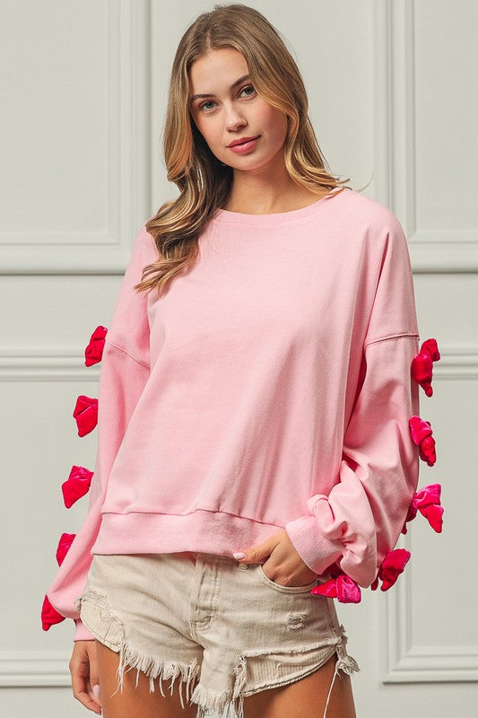 BiBi Velvet Ribbon Bows Long Sleeve Round Neck Sweatshirt tt
