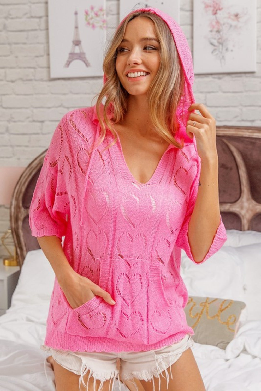 BiBi Openwork Heart Hooded Knit Top nt