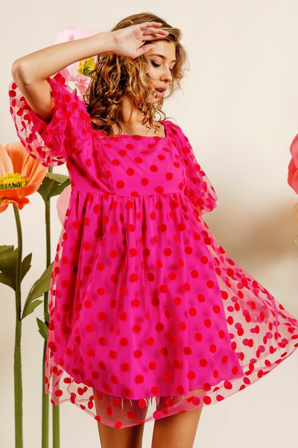 BiBi Polka Dot Mesh Puff Sleeve Dress tt