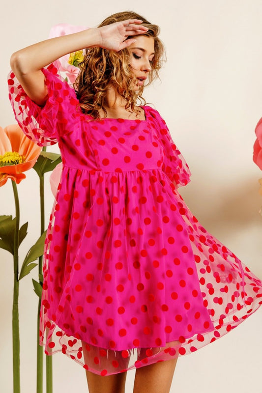 BiBi Polka Dot Mesh Puff Sleeve Dress tt
