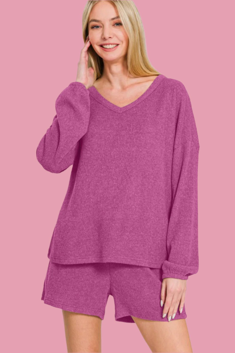 Zenana V-Neck Long Sleeve Ribbed Top and Shorts Set tt