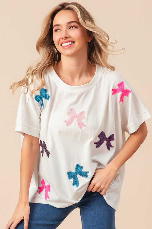 BiBi Sequin Bow Patch Short Sleeve T-Shirt tt