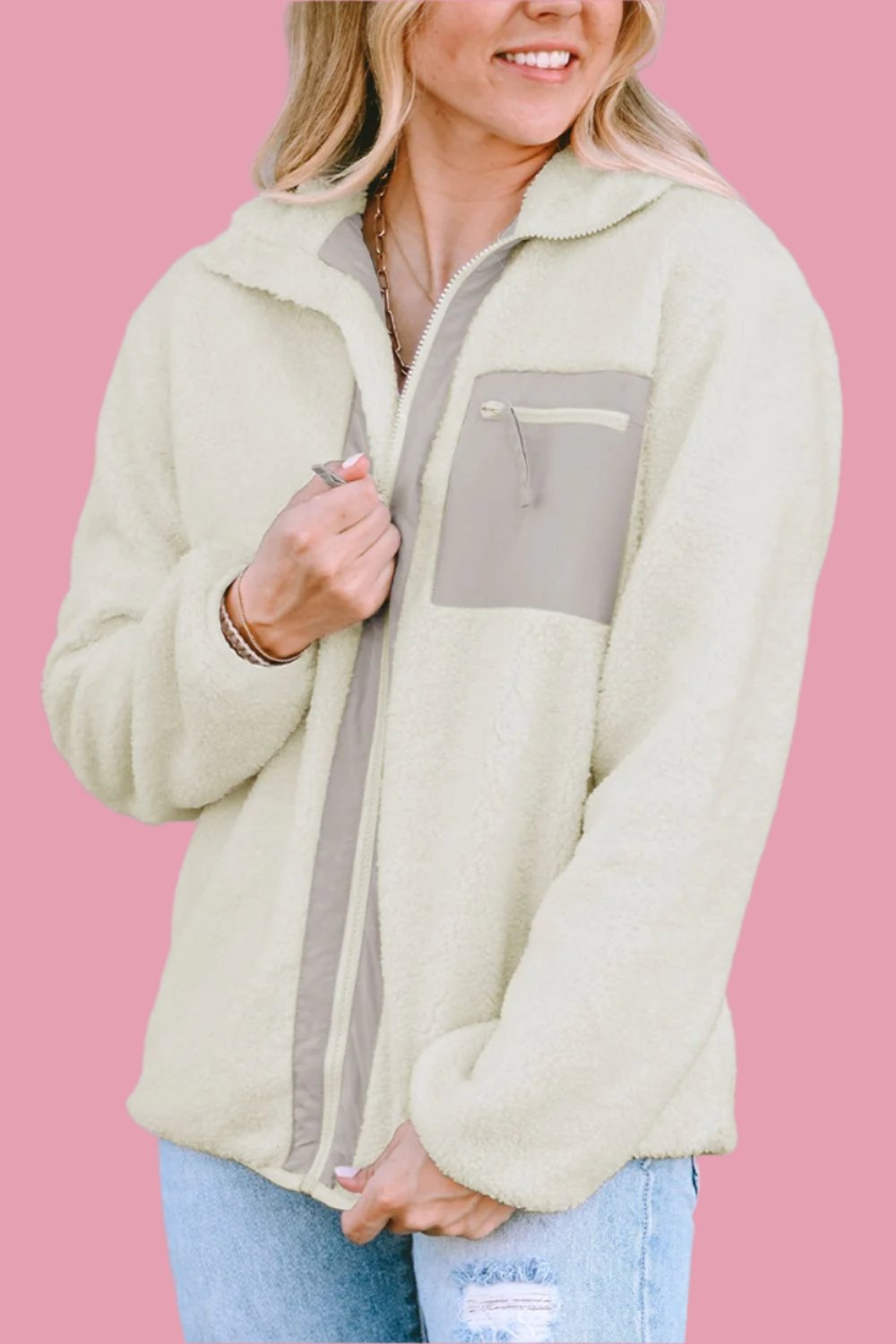 Chest Pocket Zip Up Fleece Jacket