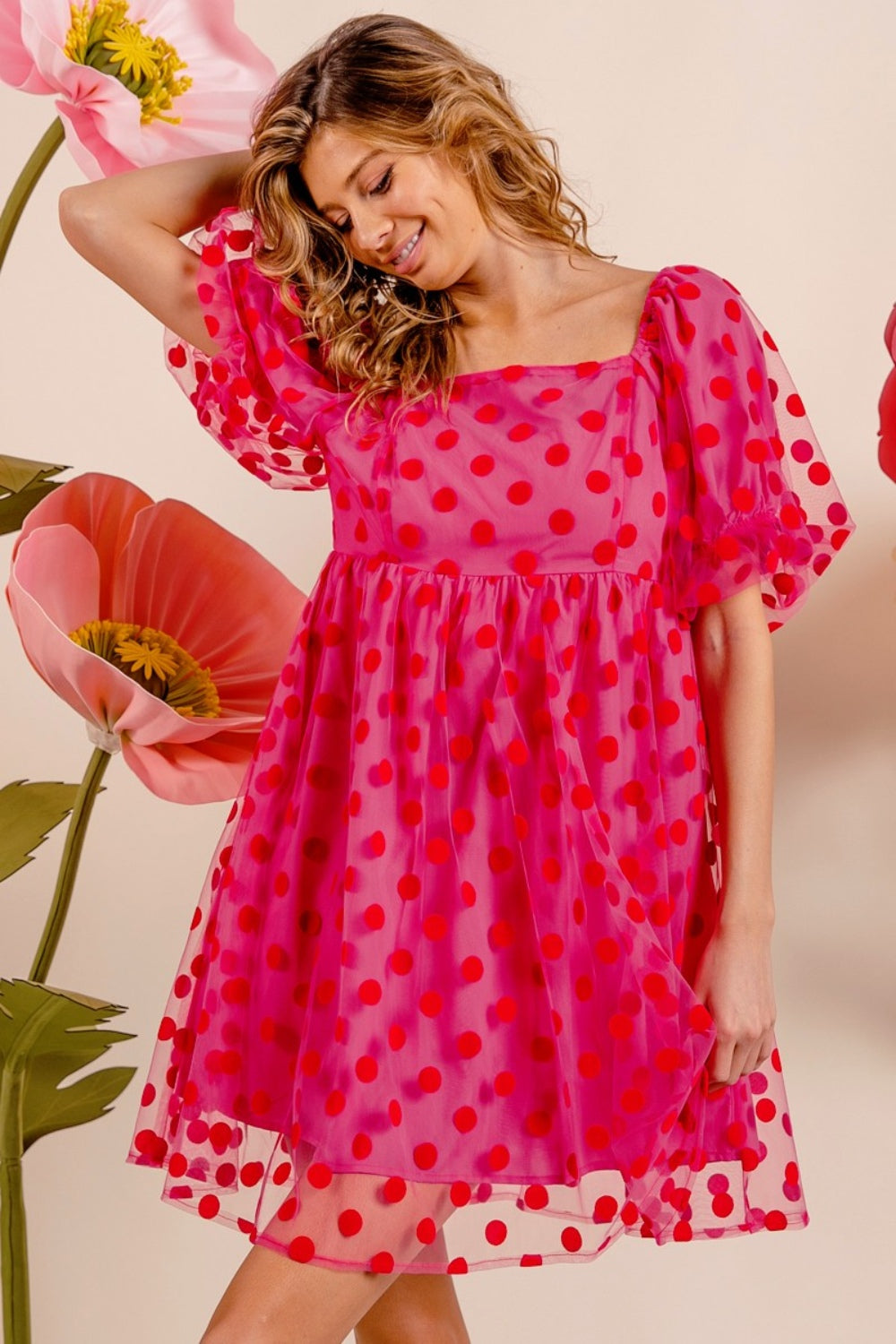 BiBi Polka Dot Mesh Puff Sleeve Dress tt