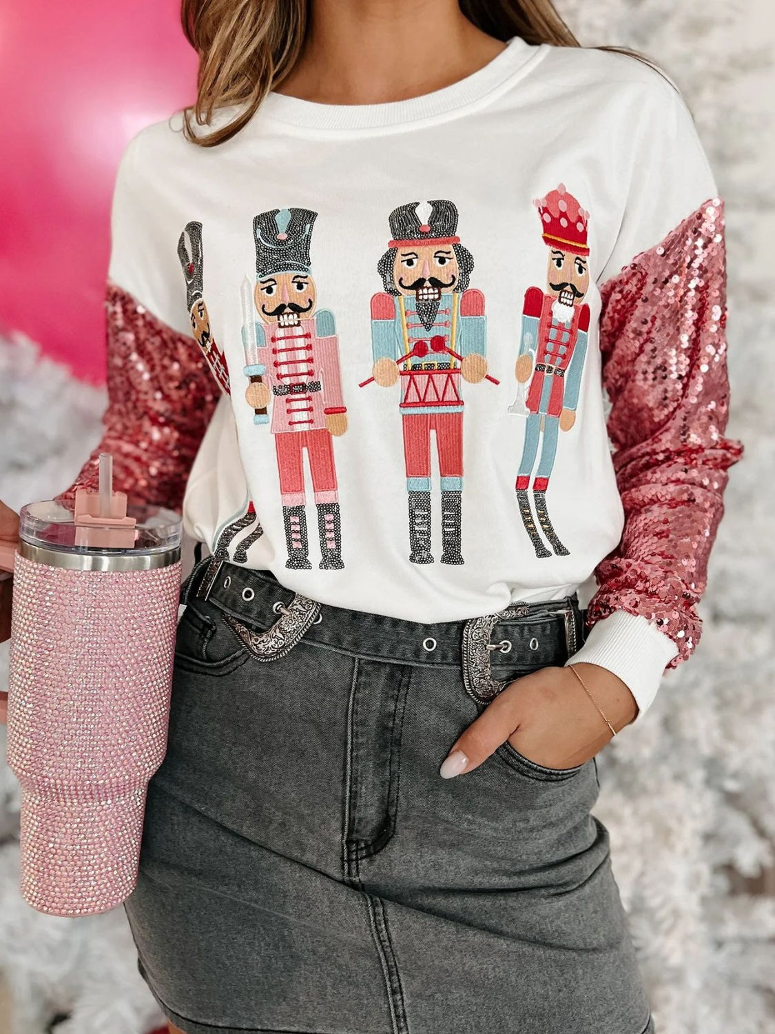 Nutcrackers - Basic Bae Full Size Ribbed Round Neck Long Sleeve Slit Top